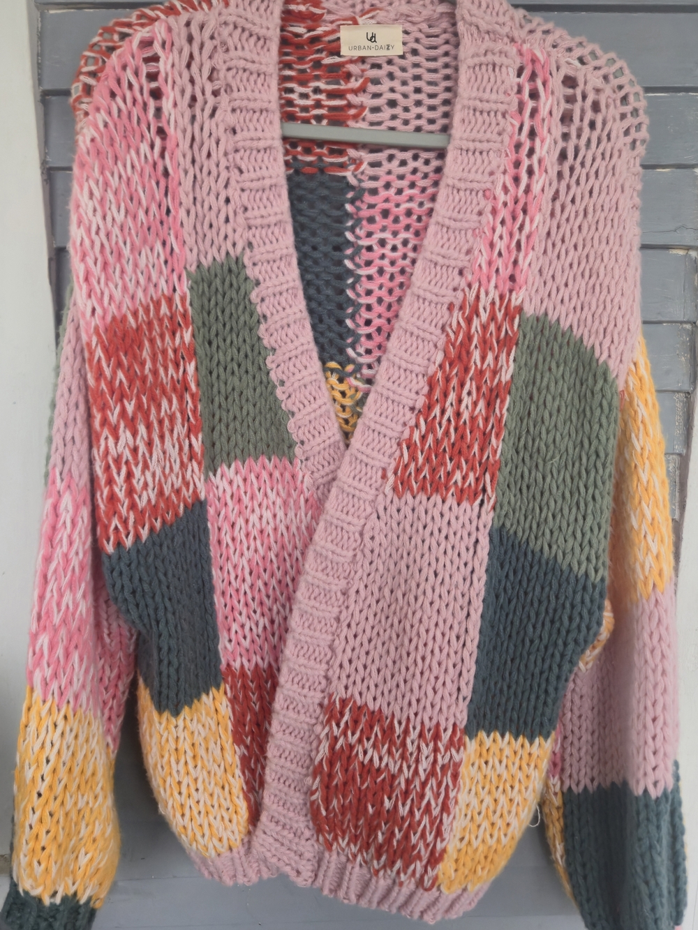 Urban Daizy Pink Multicolor Patchwork Open-Front Knit Cardigan